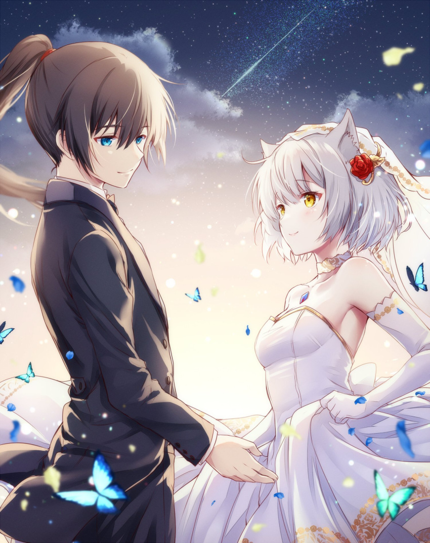 1boy 1girl alternate_costume animal_ear_fluff animal_ears bare_shoulders black_hair black_suit blue_eyes blush bridal_veil bride bug butterfly cat_ears chest_jewel closed_mouth cloud commentary_request core_crystal_(xenoblade) couple dress elbow_gloves flower formal gloves grey_hair groom hair_between_eyes hair_flower hair_ornament hair_tie hetero highres long_hair long_sleeves looking_at_another mio_(xenoblade) noah_(xenoblade) outdoors petals ponytail red_flower red_rose rose shooting_star short_hair sky smile star_(sky) strapless strapless_dress suit ui_frara veil wedding_dress white_dress white_gloves xenoblade_chronicles_(series) xenoblade_chronicles_3 yellow_eyes