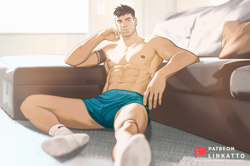 1boy abs absurdres aqua_male_underwear arm_tattoo bara black_hair closed_mouth earrings highres jewelry katto8452 large_pectorals male_focus muscular muscular_male navel nipples original patreon_username pectorals short_hair sitting smile socks solo tattoo topless_male