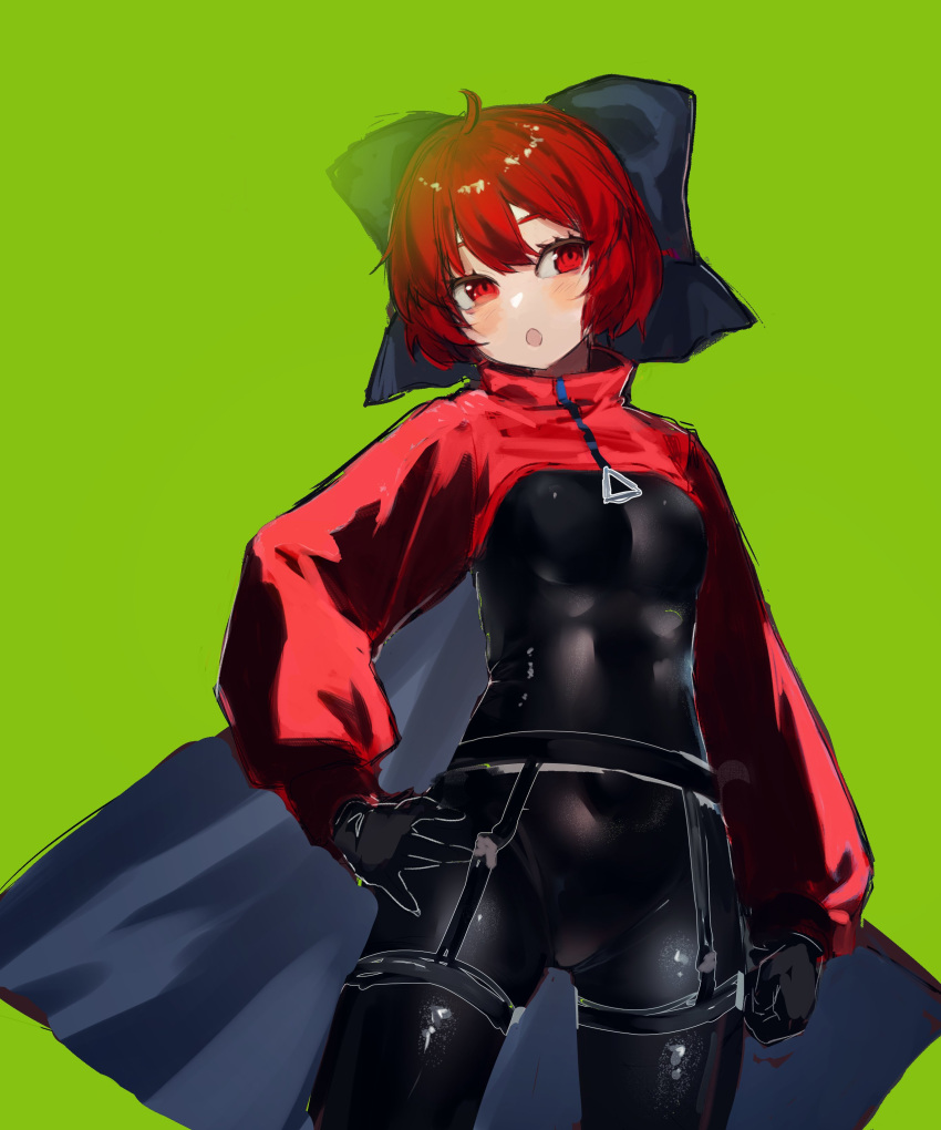 1girl absurdres adapted_costume akatsuki_records belt black_belt black_bodysuit black_bow black_gloves blush bodysuit bow breasts cape commeowdore covered_navel gloves green_background grey_cape hair_between_eyes hair_bow hand_on_own_hip highres large_breasts long_sleeves looking_to_the_side medium_breasts open_mouth puffy_long_sleeves puffy_sleeves red_cape red_eyes red_hair rock_'n'_rock_'n'_beat sekibanki short_hair simple_background solo standing touhou triangle two-tone_cape zipper