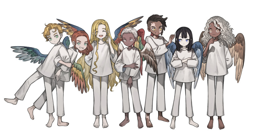 3boys 4girls :/ :3 absurdres back-to-back barefoot bird_boy bird_girl bird_wings black_hair blonde_hair blue_eyes blue_wings blunt_bangs brown_eyes brown_hair brown_wings closed_eyes crossed_arms curly_hair dark-skinned_female dark-skinned_male dark_skin dreadlocks english_commentary feathered_wings female_child full_body green_eyes grin hand_up highres locked_arms long_hair long_sleeves looking_at_viewer male_child medium_hair multiple_boys multiple_girls napal_(ve_xillum) open_mouth original pale_skin playing_with_another's_hair playing_with_own_hair red_hair red_wings shirt short_hair sidecut simple_background smile solo standing very_long_hair very_short_hair vitiligo white_background white_eyes white_hair white_shirt wings yellow_eyes yellow_wings