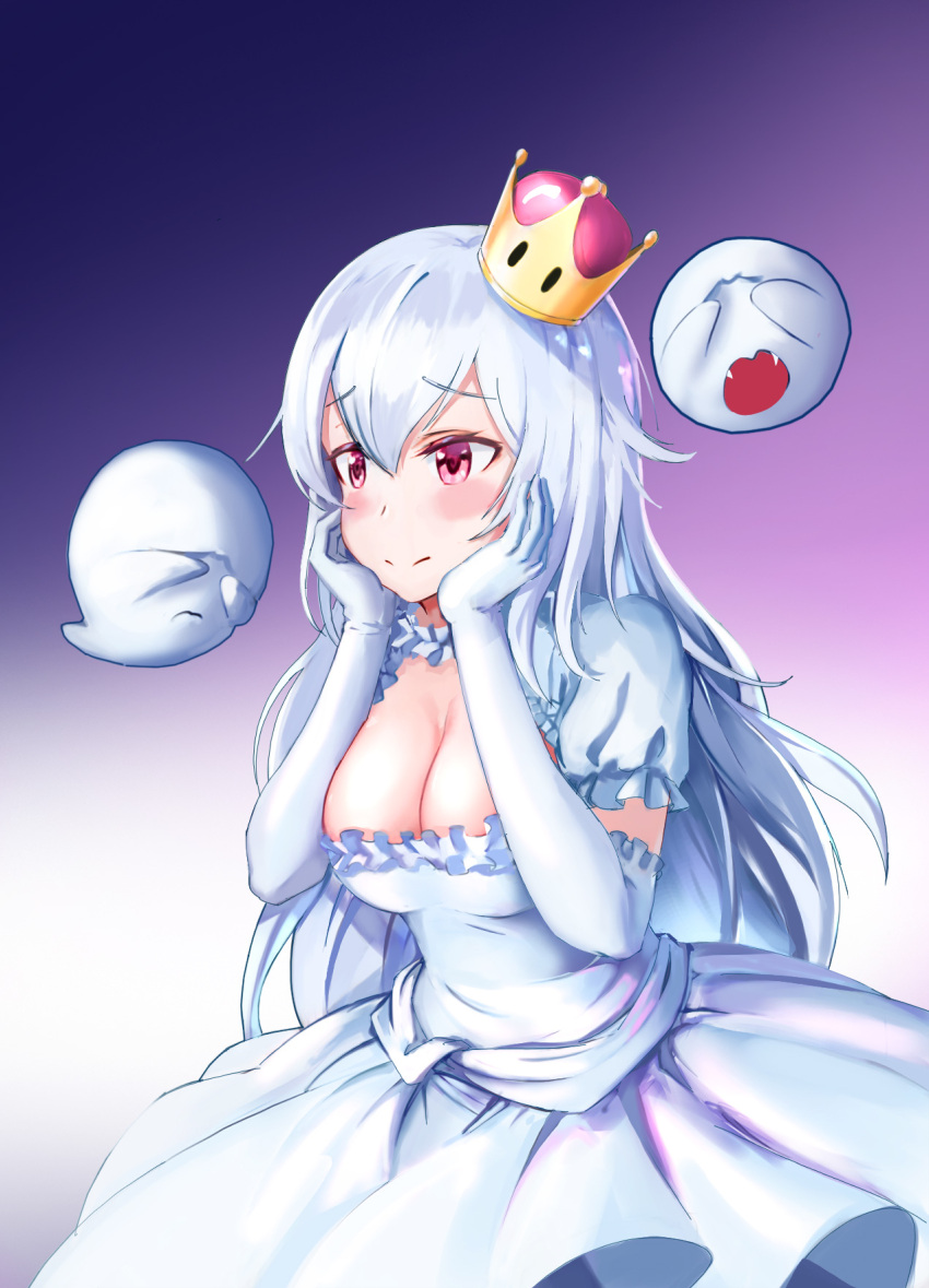 1girl boo_(mario) breasts cleavage crown dress elbow_gloves gan-viking gloves hair_between_eyes highres long_hair looking_at_viewer luigi's_mansion mario_(series) new_super_mario_bros._u_deluxe personification princess_king_boo solo super_crown white_dress white_gloves