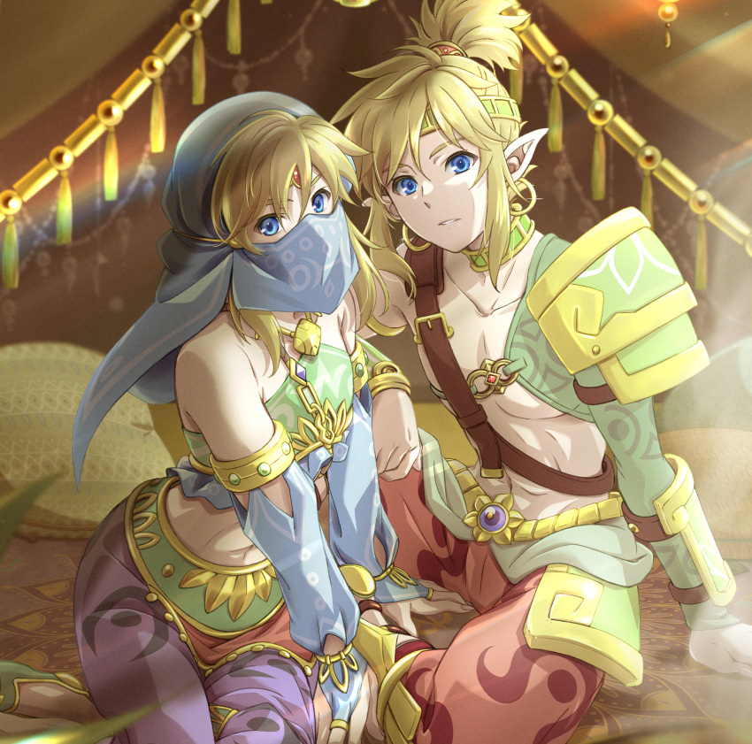 2boys absurdres asymmetrical_clothes blue_eyes bridal_gauntlets commentary crossdressing desert_voe_set_(zelda) detached_sleeves gerudo_set_(zelda) harem_pants headband highres light_brown_hair link looking_at_viewer mouth_veil multiple_boys official_alternate_costume pants pointy_ears ponytail shoulder_guard the_legend_of_zelda the_legend_of_zelda:_breath_of_the_wild tomo.puri veil