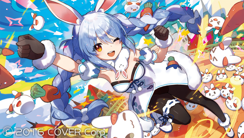 &gt;_&lt; 1girl ;d arm_up armpits black_gloves black_pantyhose blue_hair braid breasts carrot_hair_ornament clenched_hands commentary_request detached_sleeves don-chan_(usada_pekora) eyes_visible_through_hair food-themed_hair_ornament full_body fur-trimmed_gloves fur_trim gloves hair_between_eyes hair_ornament hololive long_hair looking_at_viewer medium_breasts multicolored_hair nousagi_(usada_pekora) official_art one_eye_closed open_mouth orange_eyes pantyhose puffy_detached_sleeves puffy_sleeves saitou_naoki smile solo twin_braids two-tone_hair usada_pekora usada_pekora_(1st_costume) very_long_hair virtual_youtuber white_hair