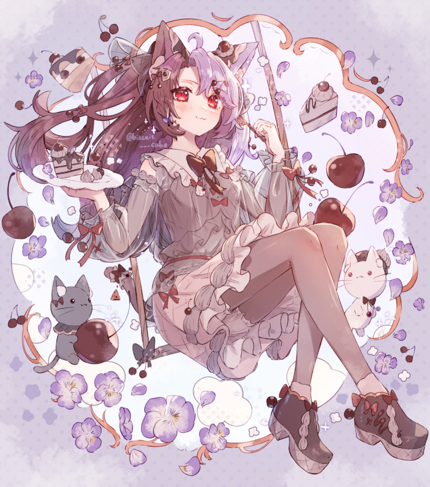1girl ahoge animal_ears black_footwear black_hair bloomers blue_hair blush cake cat_ears cat_girl cat_tail closed_mouth clothing_cutout crossed_ankles floating food full_body grey_pantyhose grey_shirt grey_skirt grey_theme hair_between_eyes highres holding holding_plate knees_together_feet_apart legs long_hair looking_at_viewer multicolored_hair original pantyhose plate platform_footwear pleated_skirt red_eyes shirt shoes shoulder_cutout sidelocks skirt smile solo tail tsukumi_bis two-tone_hair underwear white_bloomers