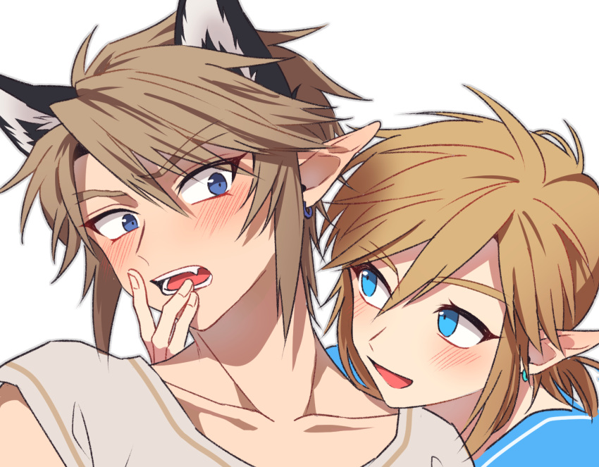 2boys animal_ear_fluff animal_ears blonde_hair blue_eyes blue_shirt blush cat_ears collarbone dual_persona earrings fang fingernails grey_shirt hair_between_eyes hand_on_another's_face hands_up jewelry light_brown_hair link looking_at_another loz_017 male_focus multiple_boys open_mouth pointy_ears selfcest shirt short_hair short_sleeves simple_background smile teeth the_legend_of_zelda tongue upper_body white_background yaoi