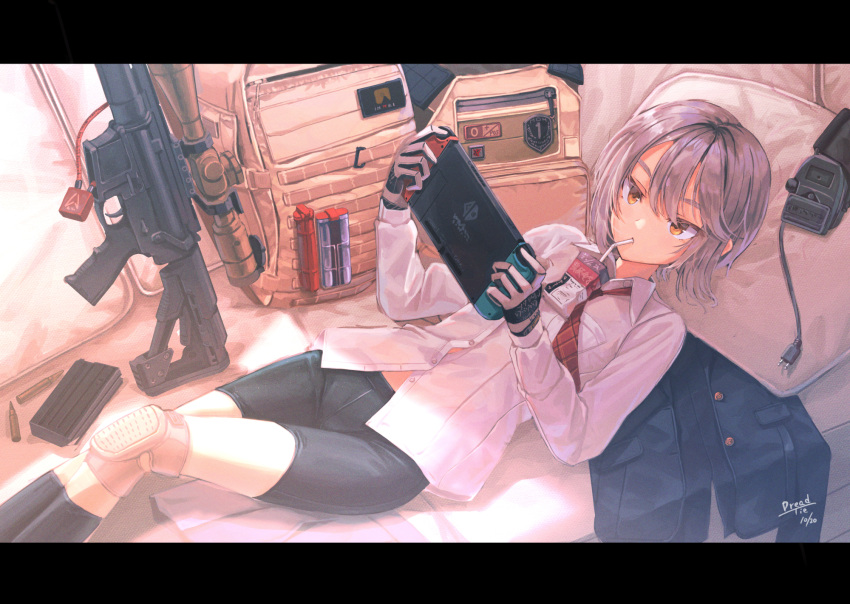 1girl assault_rifle bullet couch dreadtie drinking drinking_straw gun handheld_game_console highres holding holding_handheld_game_console juice_box knee_pads lying magazine_(weapon) necktie nintendo_switch on_back on_couch original playing_games red_necktie rifle scope shorts solo weapon