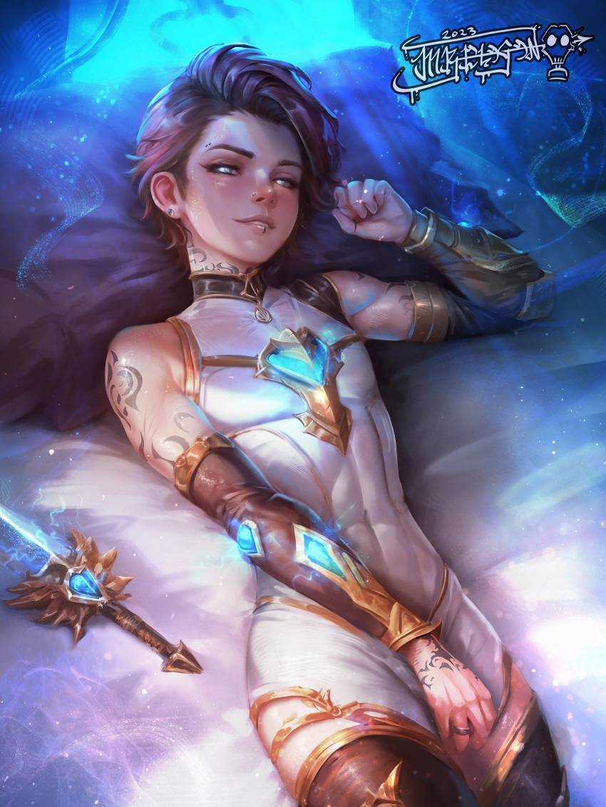 1boy absurdres angel arm_tattoo blue_gemstone blush covering covering_crotch gem hand_tattoo highres male_focus mrelagan neck_tattoo on_bed original otoko_no_ko pale_skin pillow playing_with_own_hair presenting realistic skin_tight sword tattoo weapon
