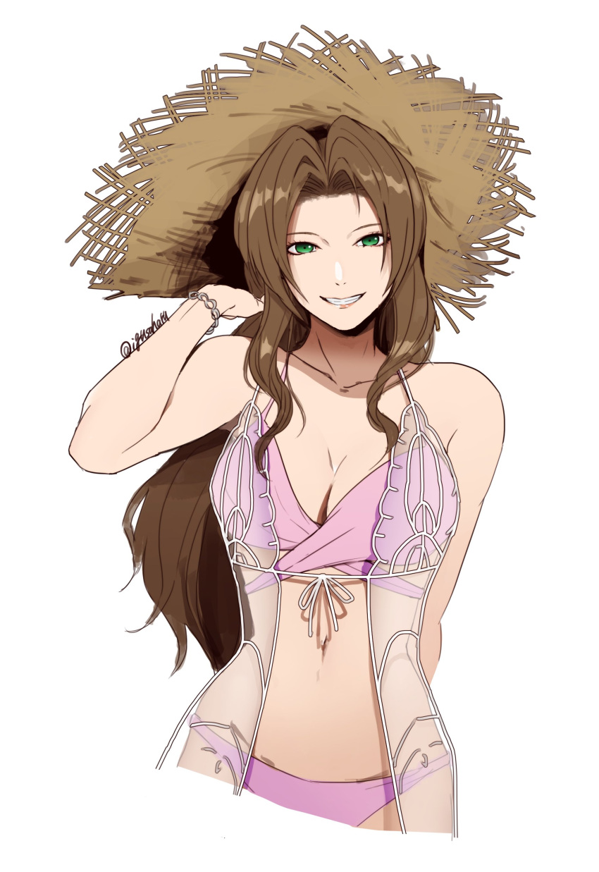 1girl absurdres aerith_gainsborough bikini bracelet breasts brown_hair cleavage final_fantasy final_fantasy_vii final_fantasy_vii_ever_crisis green_eyes hat highres igusaharu jewelry navel official_alternate_costume pink_bikini simple_background smile solo stomach straw_hat swimsuit upper_body