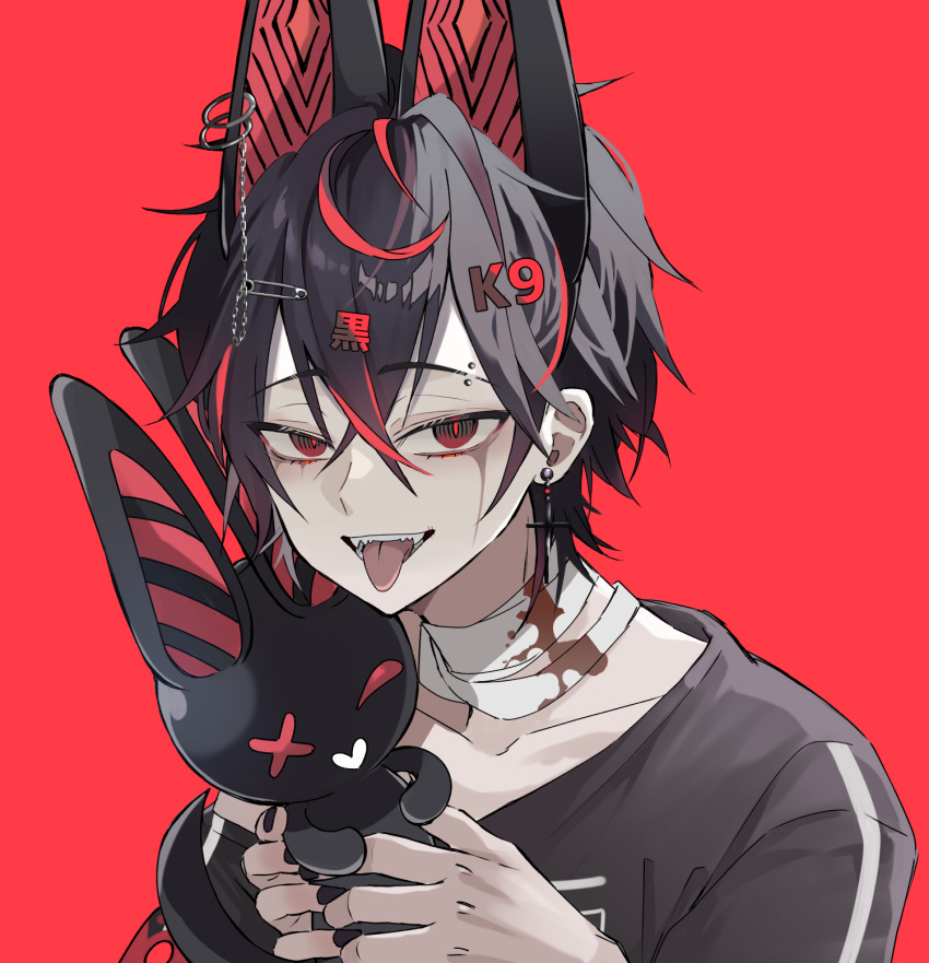 1boy animal_ears bandaged_neck bandages black_eyes black_hair black_nails black_shirt blood chain collarbone creature cross cross_earrings ear_piercing earrings eyebrow_piercing fangs gradient_eyes hair_between_eyes highres holding holding_creature jewelry kuro_kurenai letter_hair_ornament looking_at_viewer may_nakasaki multicolored_eyes multicolored_hair nail_polish open_mouth piercing red_background red_eyes red_hair red_pupils ringed_eyes safety_pin shirt short_hair smile solo streaked_hair tongue tongue_out virtual_youtuber vshojo