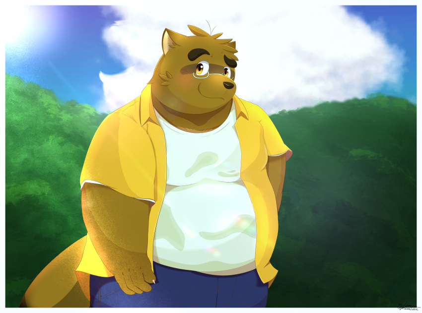 2023 absurd_res anthro belly big_belly black_nose blush bottomwear brown_body brown_fur canid canine clothing cloud eyewear fur glasses hi_res kemono kounosuke_(morenatsu) kumatoron male mammal morenatsu outside overweight overweight_male pants raccoon_dog solo sun tanuki