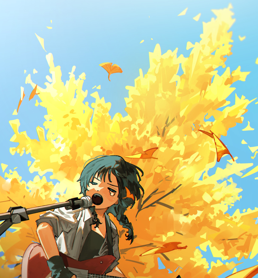 1girl black_gloves black_hair black_shirt blue_sky braid closed_eyes collared_shirt commentary day dutch_angle electric_guitar english_commentary falling_leaves fingerless_gloves floating_hair ginkgo_leaf ginkgo_tree gloves guitar highres instrument leaf long_hair microphone microphone_stand music myango_(applemangocrape) open_mouth original outdoors playing_guitar playing_instrument shirt singing sky sleeves_rolled_up solo tearing_up tears tree twin_braids undershirt white_shirt