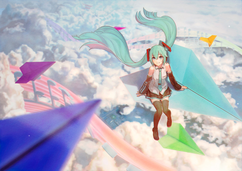 1girl aqua_hair aqua_necktie bare_shoulders bird black_footwear black_skirt black_sleeves blue_eyes boots cloud cloudy_sky collared_shirt commentary_request detached_sleeves from_above full_body hair_between_eyes hair_ornament hatsune_miku headset highres long_hair musical_note necktie paper_airplane parted_lips project_sekai shirt shoulder_tattoo sitting skirt sky sleeveless sleeveless_shirt smile solo tattoo thigh_boots turu twintails very_long_hair vocaloid white_shirt wide_sleeves zettai_ryouiki