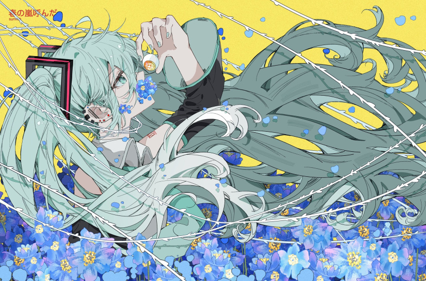 1girl barbed_wire bare_shoulders black_sleeves blue_eyes blue_flower blue_hair blue_nails collared_shirt detached_sleeves earclip earrings floating_hair flower from_side hair_between_eyes hair_ornament hand_up hatsune_miku highres holding_eyeball jewelry long_hair long_sleeves looking_up nail_polish number_tattoo profile shirt sleeveless sleeveless_shirt solo stud_earrings sunfish3939 tattoo twintails upper_body very_long_hair vocaloid yellow_background
