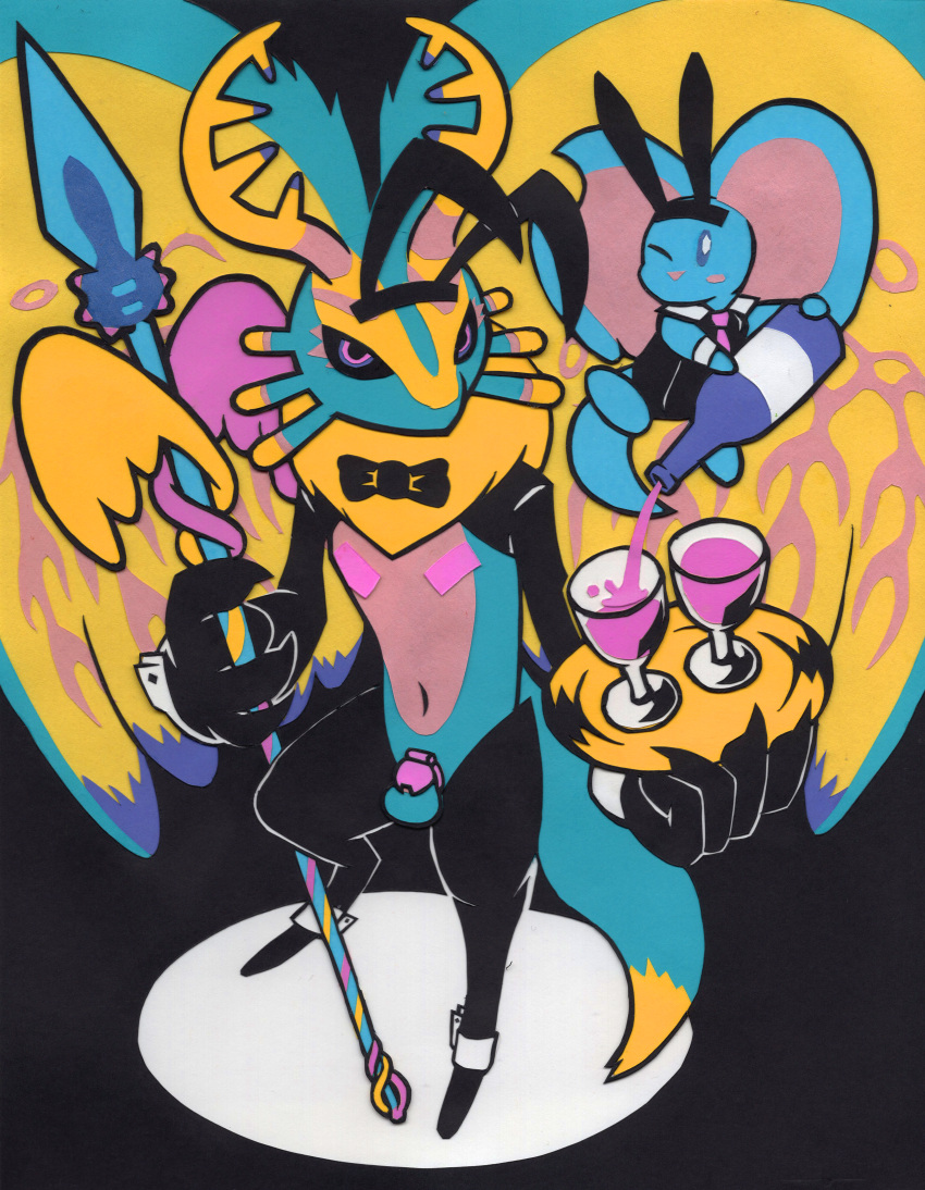 absurd_res alcohol alien ambiguous_gender anthro antlers beverage bow_tie bunny_costume chastity_cage chastity_device clothing costume duo elfilin fecto_elfilis genitals hi_res holding_object holding_spear holding_weapon horn hydra-lic kirby_(series) kirby_and_the_forgotten_land male mammal melee_weapon nintendo pasties penis polearm reverse_bunny_costume rodent spear weapon wine