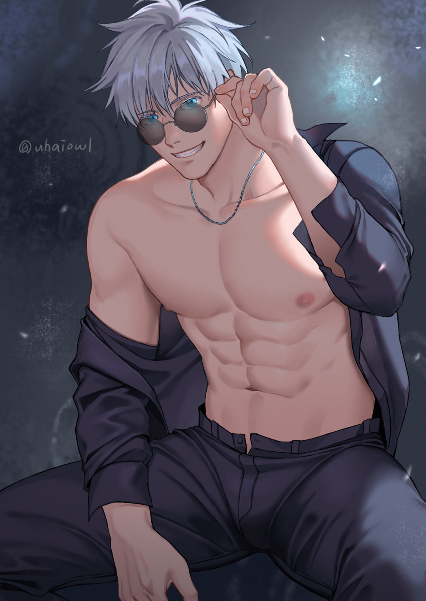 1boy abs adjusting_eyewear bara bare_pectorals blue_eyes collarbone glowing glowing_eyes gojou_satoru grin hair_between_eyes highres jewelry jujutsu_kaisen long_sleeves looking_at_viewer male_focus muscular muscular_male necklace open_clothes open_shirt pants pectorals round_eyewear shirt short_hair simple_background sitting smile solo sunglasses uhai upper_body white_hair