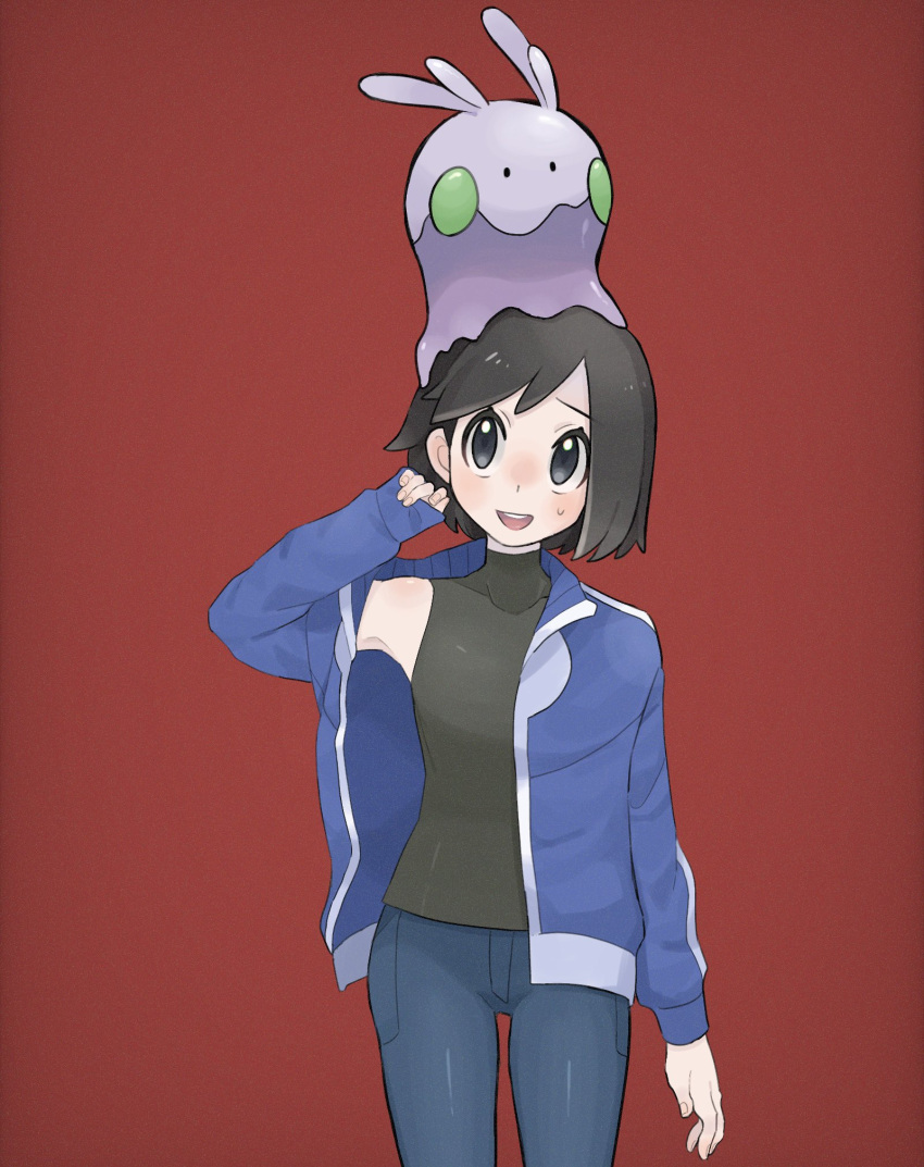 1boy :d black_hair blue_jacket blush calem_(pokemon) commentary covered_collarbone cowboy_shot eyelashes goomy grey_eyes hand_up highres jacket long_sleeves looking_up male_focus on_head open_clothes open_jacket open_mouth pants pokemon pokemon_(creature) pokemon_(game) pokemon_on_head pokemon_xy red_background sana_(37pisana) shirt short_hair simple_background sleeveless sleeveless_shirt smile sweatdrop symbol-only_commentary teeth upper_teeth_only