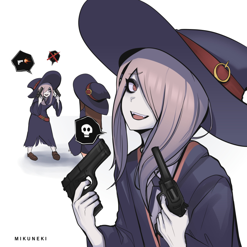 2girls absurdres brown_hair dress gun hair_over_one_eye hand_pointing_a_gun_(meme) hat highres holding holding_gun holding_weapon kagari_atsuko little_witch_academia long_hair looking_at_viewer luna_nova_school_uniform meme mikuneki multiple_girls open_mouth pale_skin pink_hair red_eyes school_uniform smile sucy_manbavaran weapon witch witch_hat