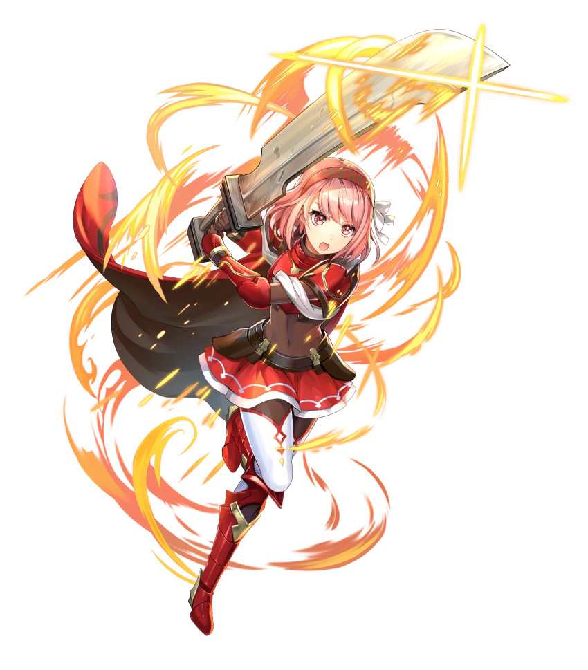 1girl armor armored_boots boots breastplate cape chachie covered_navel fire_emblem fire_emblem_engage fire_emblem_heroes gauntlets hair_ornament hairband highres holding holding_sword holding_weapon lapis_(fire_emblem) leg_up loincloth non-web_source official_art open_mouth pink_hair red_armor red_cape red_eyes short_hair shoulder_armor skin_tight skirt solo sword thighhighs transparent_background weapon