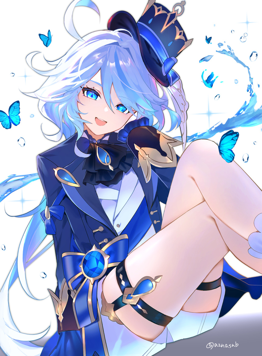 1girl :d ahoge artist_name ascot azna black_ascot blue_bow blue_butterfly blue_eyes blue_gemstone blue_hair blue_jacket blue_ribbon bow brooch bug butterfly commentary_request crossed_legs eyelashes frilled_sleeves frills furina_(genshin_impact) gem genshin_impact gold_trim hair_between_eyes hand_up hat hat_ribbon head_tilt heterochromia highres jacket jewelry knees_up lapels long_hair long_sleeves looking_at_viewer low_ponytail mini_hat mini_top_hat mismatched_pupils multicolored_hair open_mouth parted_bangs ponytail ribbon short_shorts shorts sidelocks simple_background sitting sleeve_cuffs smile solo sparkle streaked_hair swept_bangs teeth thigh_strap tilted_headwear top_hat twitter_username upper_teeth_only water water_drop white_background white_hair white_shorts