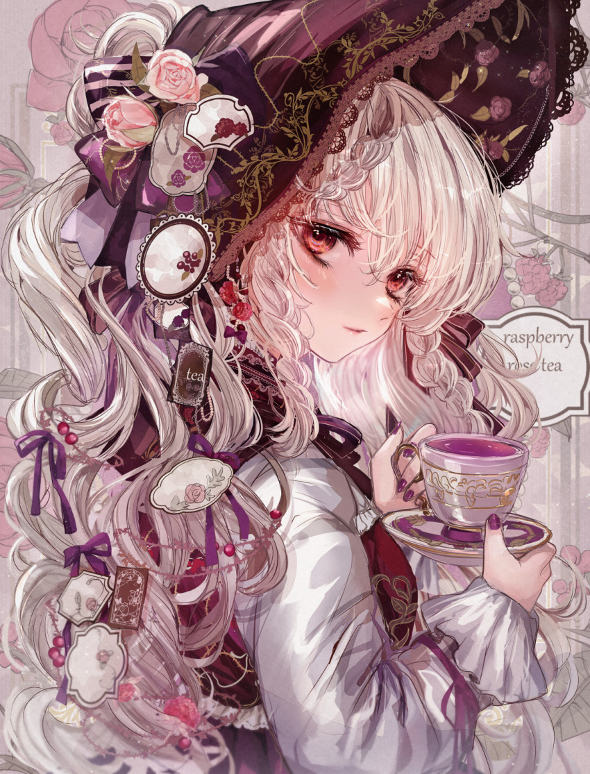 1girl braid cup dress expressionless flower food food-themed_hair_ornament fruit grey_dress grey_hair hair_ornament hair_ribbon highres holding holding_cup holding_saucer komorihikki lolita_fashion long_hair looking_at_viewer original pink_eyes pink_flower pink_rose purple_ribbon raspberry raspberry_hair_ornament ribbon rose saucer solo tea teacup upper_body wavy_hair