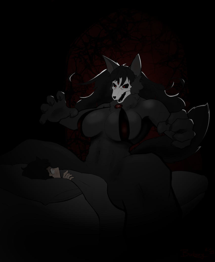 2023 3_eyes ambiguous_gender anterior_nasal_aperture anthro anthro_focus bed big_breasts bikini bikini_top biped black_body black_claws black_clothing black_ears black_fur black_hair black_inner_ear black_tail black_topwear blush bone bottomless bottomless_anthro bottomless_female breasts bunbury canid canine canis cheek_tuft claw_pose claws cleavage clothed clothing colored dark_theme digital_media_(artwork) duo eye_contact facial_tuft female female/ambiguous female_focus female_on_human female_on_top finger_claws fluffy front_view full_cleavage fur furniture glowing glowing_eyes hair hi_res huge_breasts human humanoid_hands inside inverted_pentacle inverted_pentagram larger_anthro larger_female light_body light_skin long_hair looking_at_another lying malo mammal monotone_body monotone_ears monotone_fur monotone_hair monotone_tail multi_eye navel neck_tuft on_back on_bed on_top pentacle pentagram pillow portrait red_eyes scared shaded short_hair sitting size_difference skimpy skull skull_head skulldog_(species) smaller_ambiguous smaller_human snout solo_focus spread_legs spreading straddling swimwear tail teeth thick_thighs three-quarter_portrait three-quarter_view topwear tuft under_covers