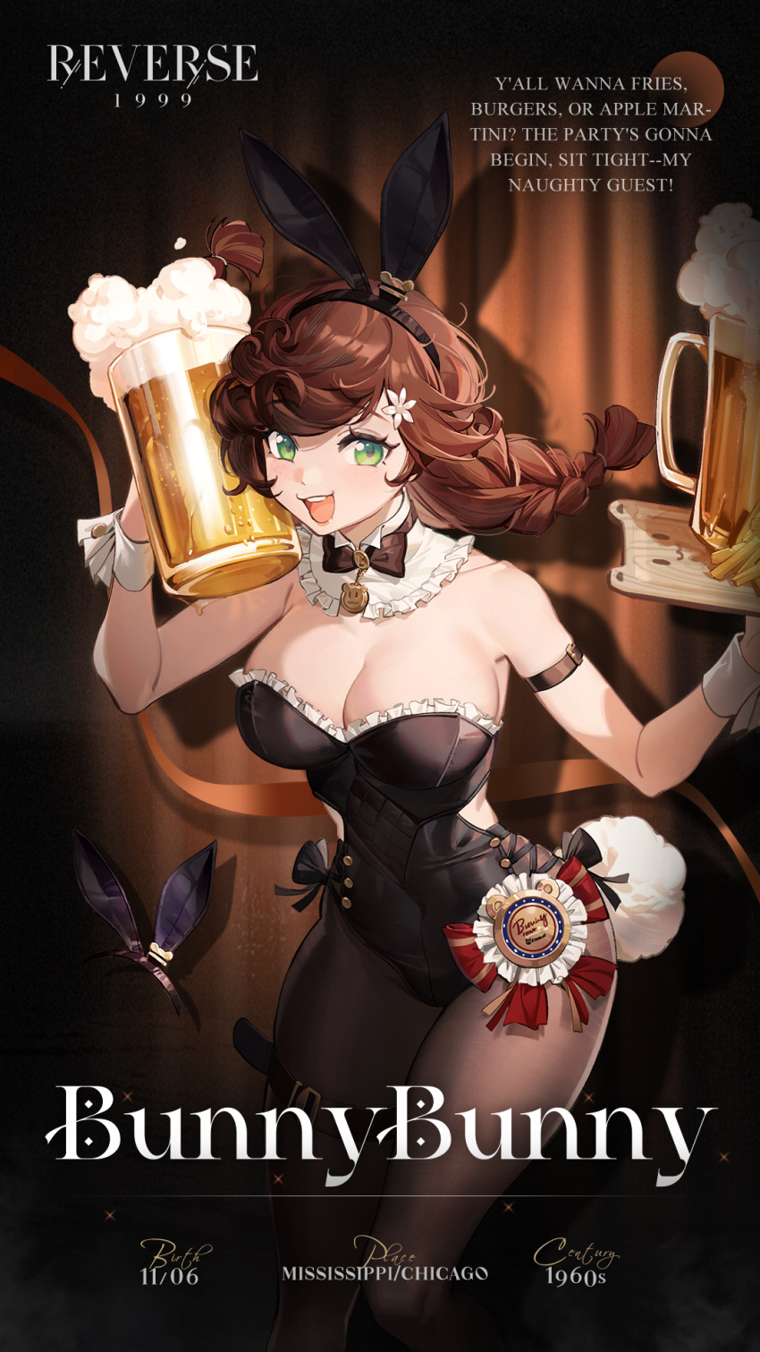 1girl :d alcohol animal_ears arm_belt badge bare_arms bare_shoulders beer beer_mug belt black_bow black_bowtie black_leotard black_pantyhose bow bowtie braid breasts brown_background brown_hair bunny_bunny_(reverse:1999) character_name cleavage clothing_cutout copyright_name cowboy_shot cup curtains detached_collar english_text fake_animal_ears flower foam food french_fries frilled_leotard frills green_eyes hair_flower hair_ornament hands_up highres holding holding_cup holding_tray large_breasts leotard logo long_hair looking_at_viewer low_twin_braids mug official_art pantyhose playboy_bunny rabbit_ears rabbit_tail reverse:1999 side_cutout smile solo spotlight strapless strapless_leotard tail teeth thigh_belt thigh_strap traditional_bowtie tray twin_braids upper_teeth_only white_footwear wrist_cuffs
