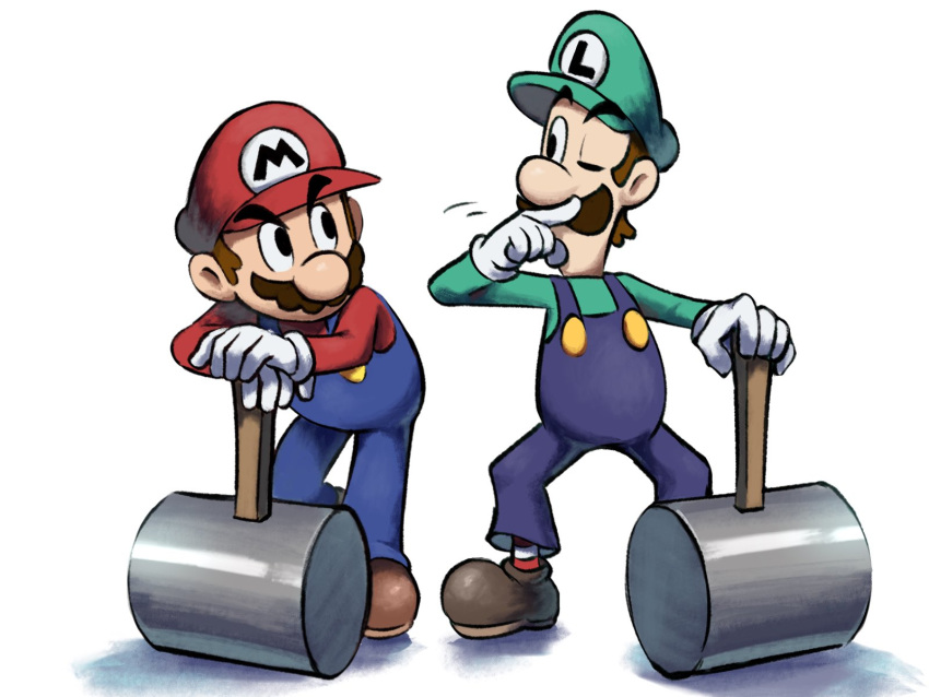 2boys blue_overalls boots brothers brown_footwear brown_hair facial_hair full_body gloves green_headwear green_shirt hammer hat highres looking_at_another luigi mario mario_&amp;_luigi_rpg mario_(series) masanori_sato_(style) multiple_boys mustache one_eye_closed overalls red_headwear red_shirt shirt short_hair siblings simple_background white_background white_gloves ya_mari_6363