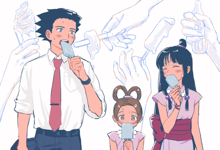 1boy 2girls ace_attorney black_hair blue_pants blunt_bangs blush closed_eyes collared_shirt commentary_request eating facing_another food hair_ornament half_updo hand_up highres holding holding_food holding_popsicle hot ice_cream ice_cream_cone japanese_clothes jewelry kimono long_hair looking_at_another maya_fey melting multiple_girls necklace obi pants parted_bangs pearl_fey phoenix_wright pink_kimono pink_sash popsicle renshu_usodayo sash shirt short_hair short_kimono short_sleeves sidelocks sleeves_rolled_up smile spiked_hair sweatdrop white_background white_shirt