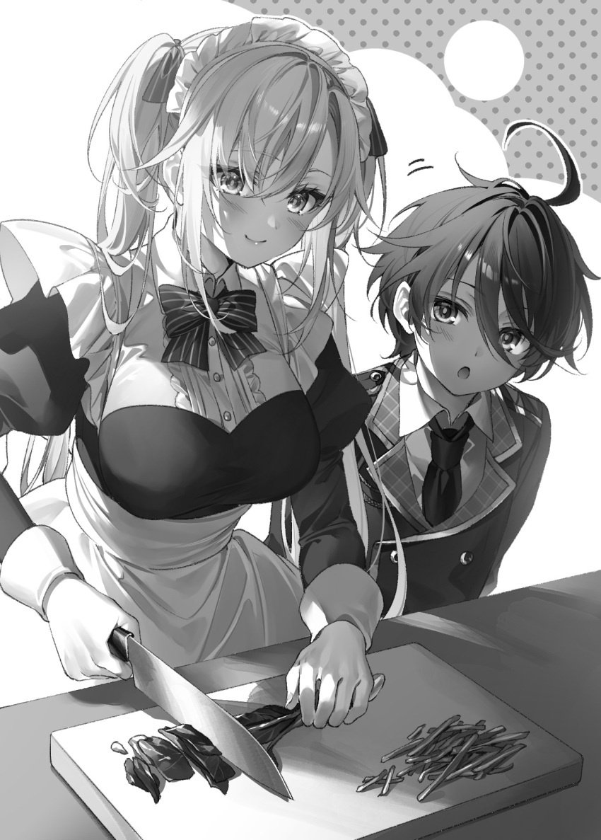 1girl :o apron bow breasts commentary_request cutting_board greyscale highres holding holding_knife knife leonis_death_magnus long_hair maid_apron maid_headdress monochrome necktie official_art puffy_sleeves regina_mercedes seiken_gakuin_no_maken_tsukai short_hair toosaka_asagi twintails