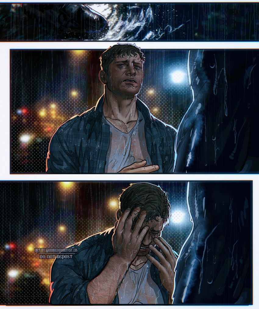 1boy blonde_hair collared_shirt crying crying_with_eyes_open eddie_brock grey_shirt highres male_focus marvel open_clothes open_shirt shirt short_hair solo_focus spider-man_(series) tears twitter_username umikochannart venom_(2018) venom_(marvel) white_shirt