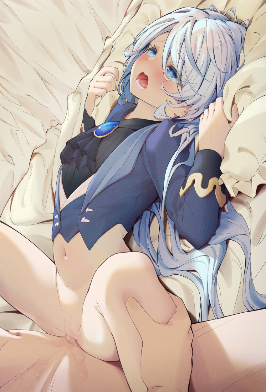 1boy 1girl absurdres ascot black_ascot blue_eyes blue_jacket blush bottomless brooch censored cropped_jacket dutch_angle furina_(genshin_impact) genshin_impact grey_hair gusha_s hair_between_eyes hetero highres jacket jewelry leg_grab long_hair long_sleeves missionary mosaic_censoring open_mouth penis pillow pillow_grab pussy sex solo_focus spread_legs vaginal