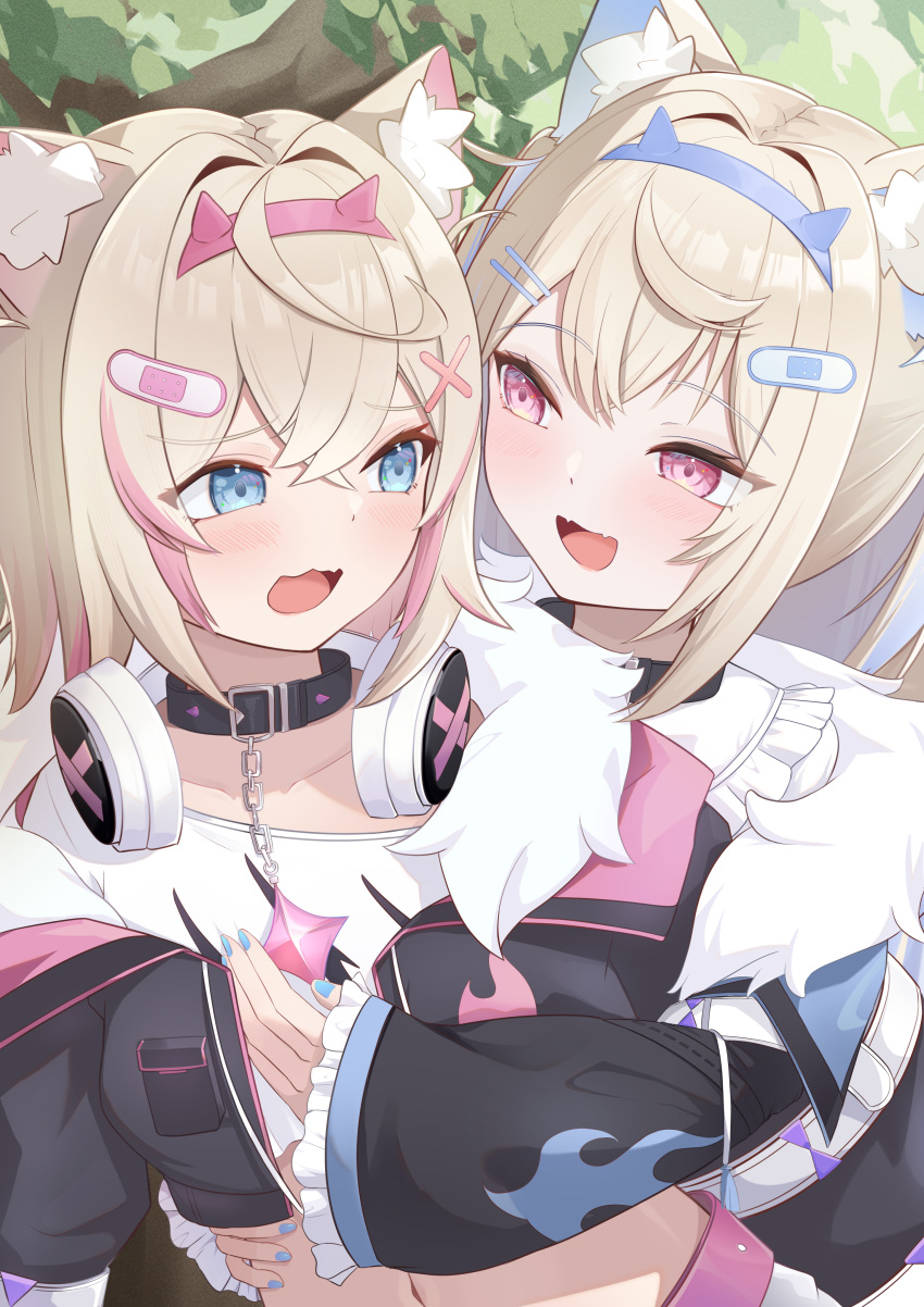 2girls :3 :d absurdres akuame_(ring3922) animal_ear_fluff animal_ears belt belt_collar black_collar black_jacket blonde_hair blue_belt blue_eyes blue_hair blue_nails blush collar cropped_jacket cropped_shirt dog_ears dog_girl dress fangs flat_chest fur-trimmed_jacket fur_trim fuwawa_abyssgard hair_ornament hairpin hand_on_another's_chest headphones headphones_around_neck highres hololive hololive_english hug hug_from_behind jacket long_hair looking_at_another medium_hair mococo_abyssgard multicolored_hair multiple_girls nail_polish open_mouth pink_belt pink_eyes pink_hair shirt siblings sisters skin_fangs smile spiked_collar spikes streaked_hair twins virtual_youtuber white_dress white_shirt x_hair_ornament
