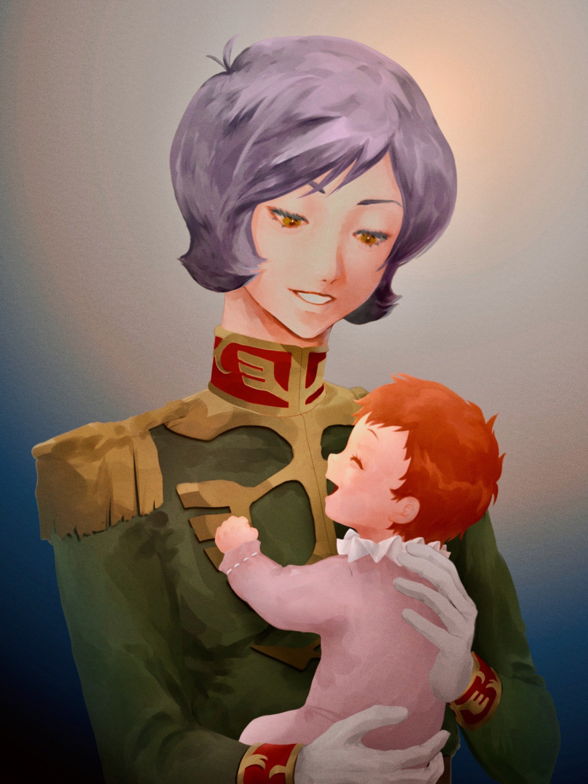 1boy 1girl absurdres amaiokashi baby baby_carry blue_background brother_and_sister brown_eyes carrying closed_eyes epaulettes garma_zabi gloves gradient_background green_jacket grin gundam high_collar highres jacket long_sleeves looking_back military_uniform mineva_lao_zabi mobile_suit_gundam open_mouth orange_hair paper_texture purple_hair short_hair siblings simple_background smile uniform white_background white_gloves