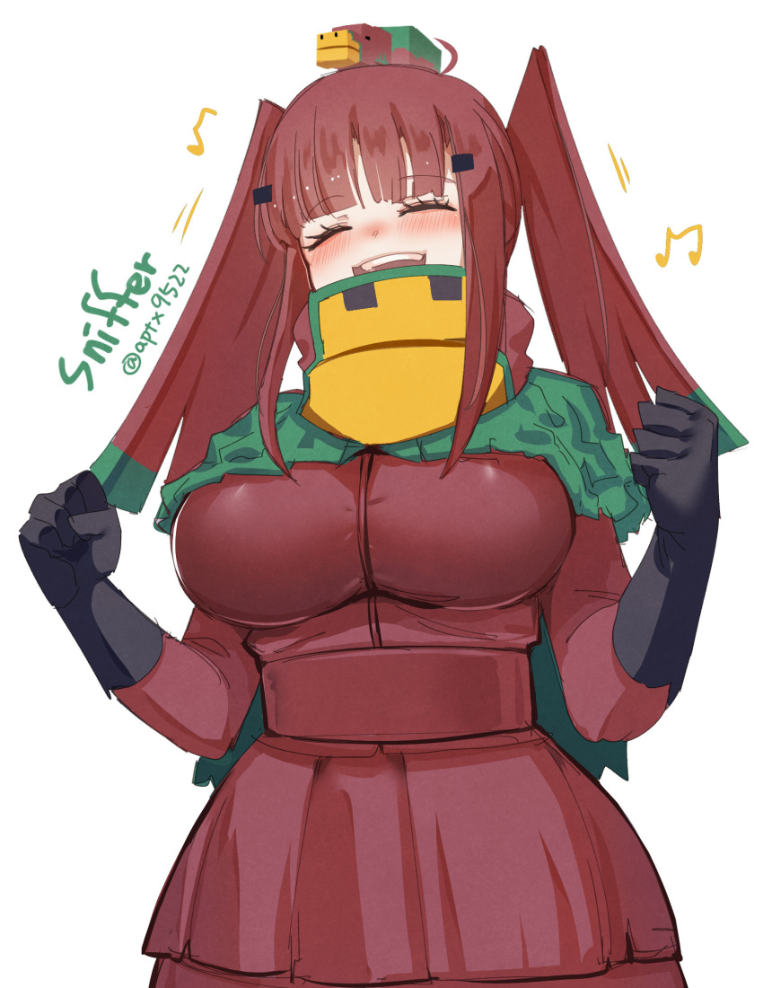 1girl :d ^_^ at2. beamed_eighth_notes black_gloves blunt_bangs blush breasts brown_hair brown_jacket brown_skirt capelet character_request clenched_hands closed_eyes commentary_request eighth_note gloves green_capelet green_hair hair_ornament hairclip hands_up highres jacket large_breasts layered_skirt long_hair minecraft multicolored_hair musical_note personification simple_background skirt smile solo twintails twitter_username two-tone_hair white_background