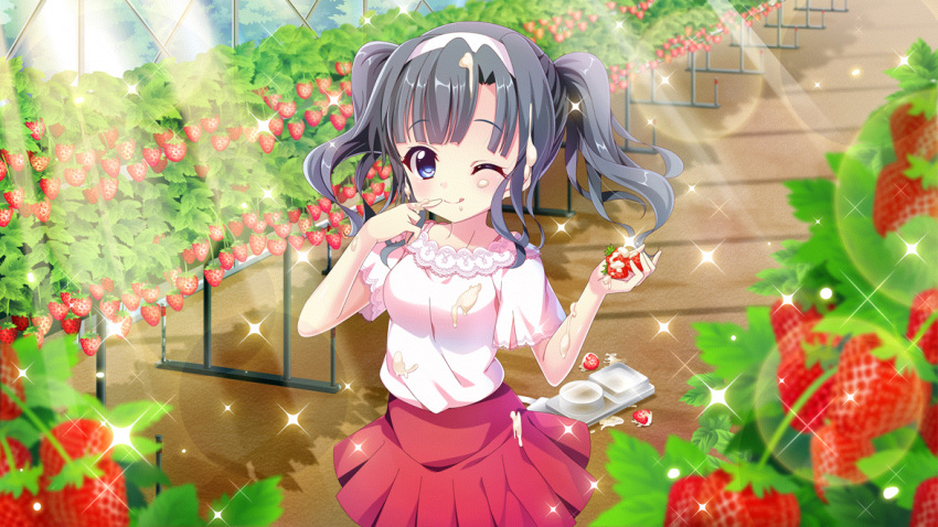 1girl black_hair blue_eyes container cream cream_on_body cream_on_face dot_nose film_grain finger_to_mouth food food_on_face fruit game_cg greenhouse ground hairband itsumura_yukari izumi_tsubasu lens_flare licking_lips non-web_source official_art one_eye_closed re:stage! red_skirt shirt short_sleeves skirt smile solo sparkle strawberry strawberry_plant sunlight tongue tongue_out two_side_up white_hairband white_shirt