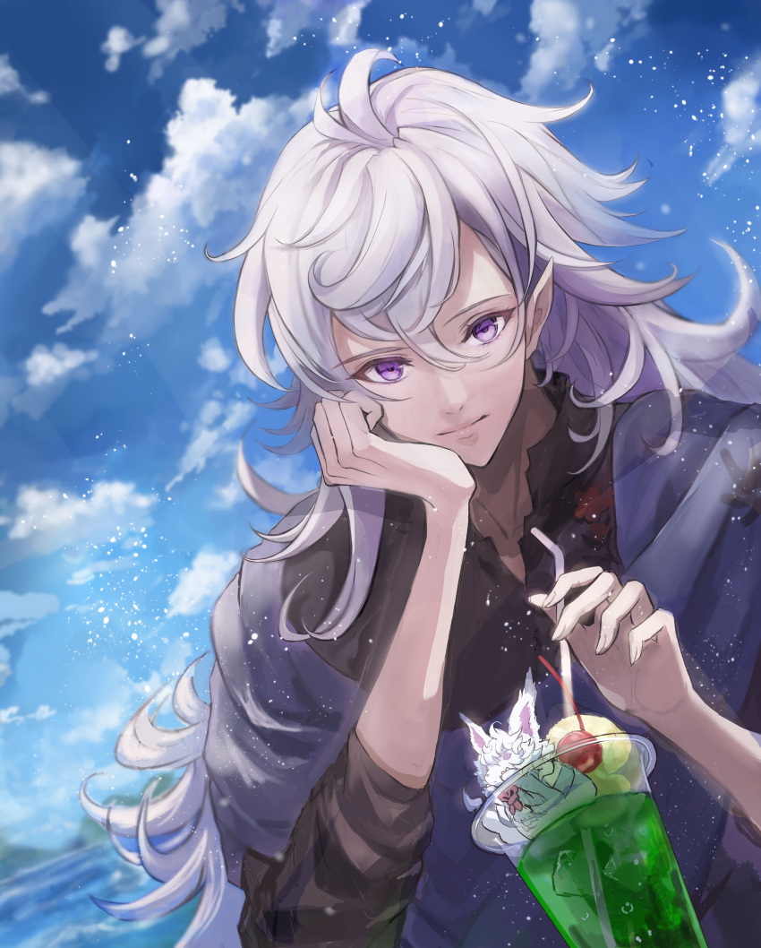 1boy absurdres cloud drink drinking_straw expressionless fate/grand_order fate_(series) fou_(fate) fruit_cup highres long_hair looking_at_viewer male_focus merlin_(fate) ocean pointy_ears purple_eyes sky solo_focus touchika upper_body white_hair