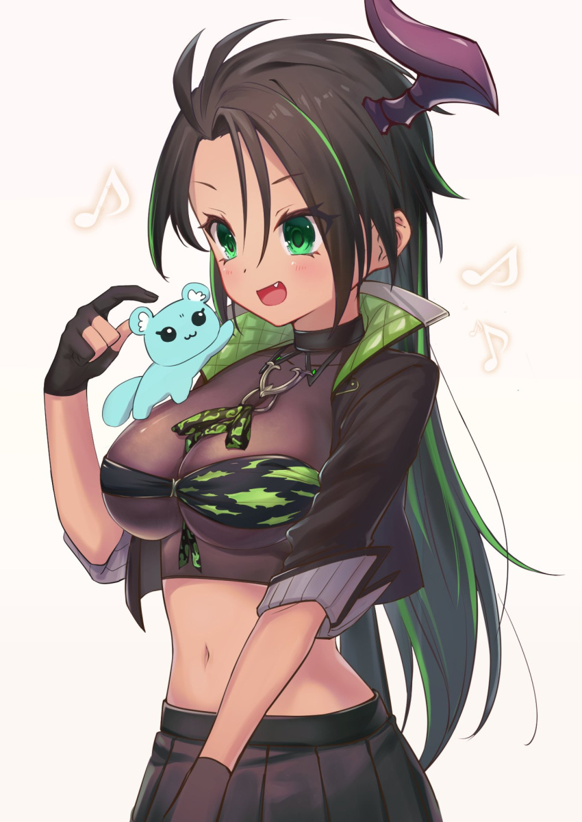 1girl :d animal aragami_oga bandeau between_breasts black_bandeau black_choker black_gloves black_hair black_jacket black_skirt breasts brown_shirt camouflage character_request choker crop_top cropped_jacket fang genderswap genderswap_(mtf) gloves green_eyes green_hair green_jacket highres holostars horns jacket large_breasts long_hair midriff miniskirt multicolored_hair n@o_(nao) navel open_clothes open_jacket parted_bangs partially_fingerless_gloves pleated_skirt revealing_clothes see-through shirt simple_background single_horn skirt smile solo stomach streaked_hair very_long_hair virtual_youtuber white_background