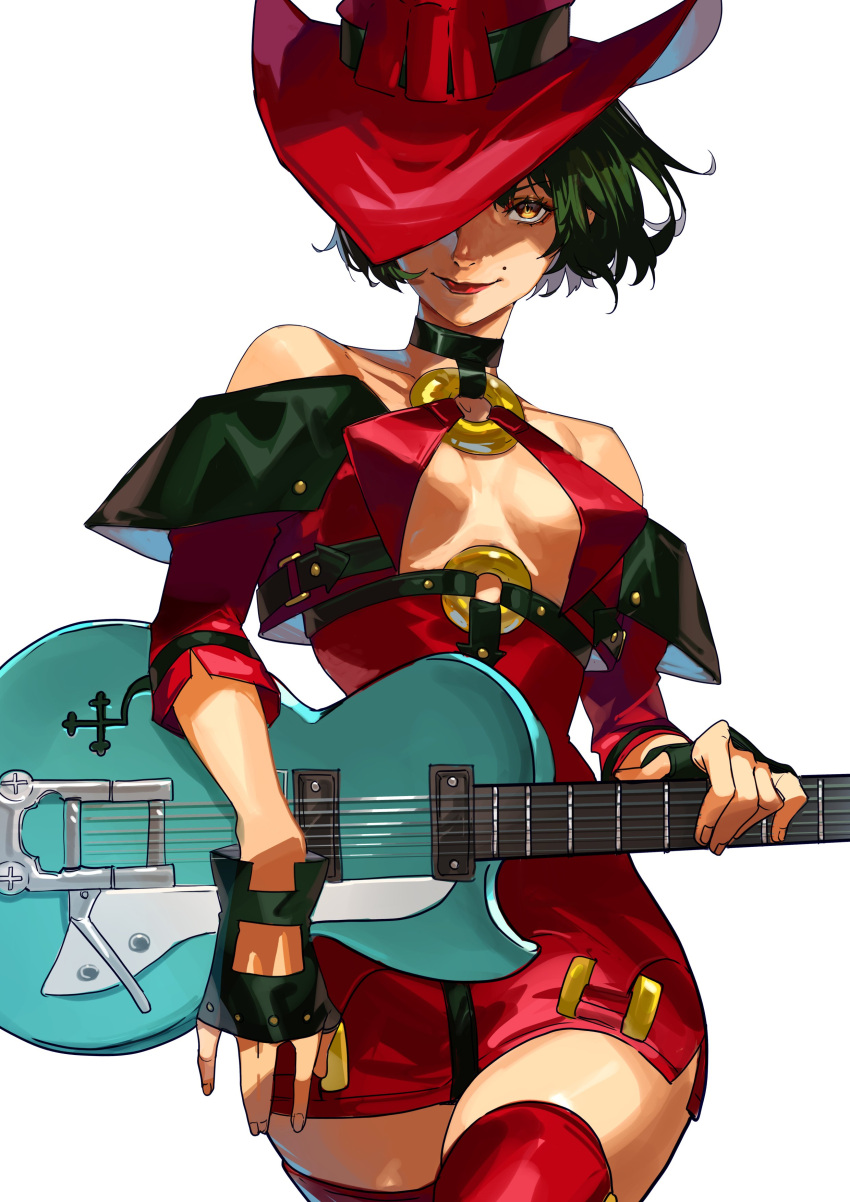 1girl absurdres bare_shoulders black_gloves bob_cut breasts cleavage detached_sleeves electric_guitar gloves guilty_gear guitar hat hat_over_one_eye highres i-no instrument looking_at_viewer medium_breasts mole mole_above_mouth mole_under_eye o-ring o-ring_top shaded_face short_hair simple_background smile solo thighs uncle_rabbit_ii white_background witch_hat