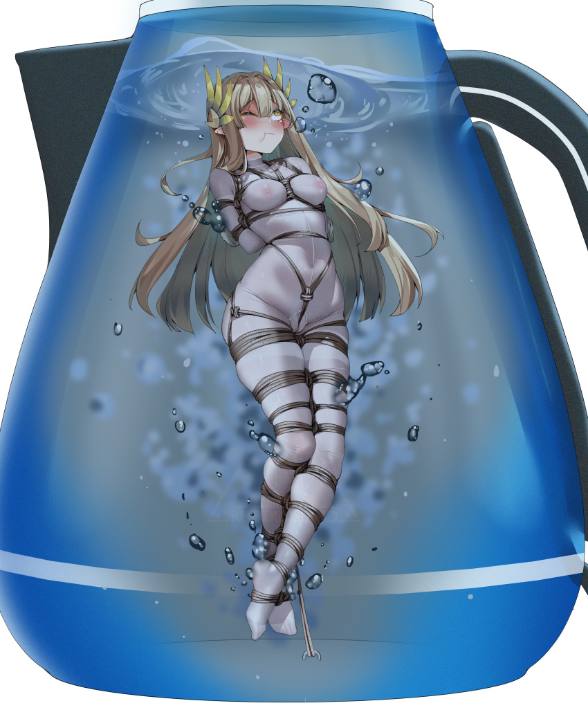 ;( absurdres air_bubble aiza-ku arknights arms_behind_back bdsm blush bodystocking bondage bound bound_arms breasts brown_eyes brown_hair bubble cameltoe closed_mouth covered_navel crotch_rope elf full_body hair_ornament highres kettle long_hair looking_up medium_breasts mole mole_under_eye muelsyse_(arknights) neglect_play nipples pointy_ears restrained see-through shibari shibari_over_clothes stationary_restraints submerged very_long_hair water