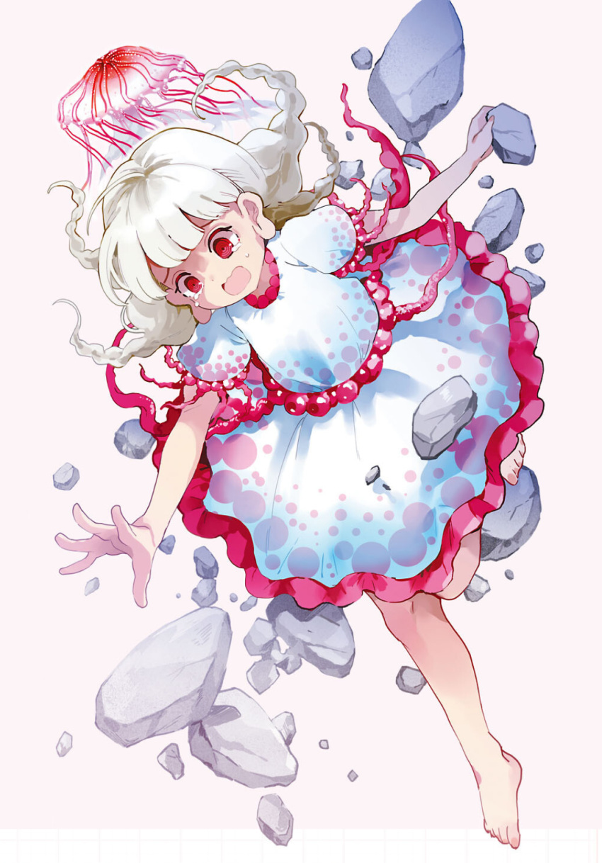 1girl azuma_aya barefoot dress ebisu_eika frilled_shirt frills grey_hair highres holding_rock jellyfish long_earlobes long_hair open_mouth puffy_short_sleeves puffy_sleeves red_eyes rock shirt short_sleeves skirt skirt_set solo strange_creators_of_outer_world tears touhou white_shirt white_skirt