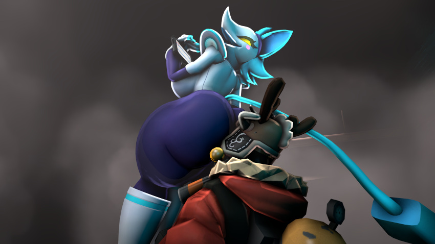 3d_(artwork) anthro big_breasts big_butt boots breasts butt cheeky_smile clothed clothed/nude clothing deltarune digital_media_(artwork) duo facesitting felid feline female footwear half_naked hi_res humanoid male male/female mammal nude pussy_eating sitting_on_another source_filmmaker tail tasque_manager team_fortress_2 technology undertale_(series) valve wide_hips wolfyxcharged00