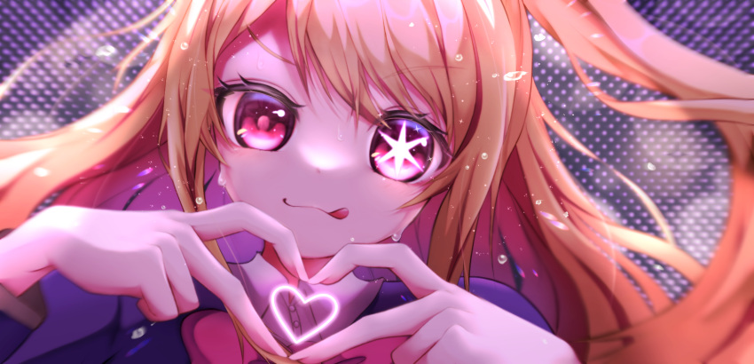 1girl :p blonde_hair blue_jacket blurry blurry_background close-up closed_mouth floating_hair flying_sweatdrops hands_up heart heart_hands highres hoshino_ruby jacket kingyo_(fullmetal-alchemist0723) long_hair looking_at_viewer mismatched_pupils one_side_up oshi_no_ko pink_eyes portrait red_eyes school_uniform sidelocks smile solo star-shaped_pupils star_(symbol) sweat symbol-shaped_pupils tongue tongue_out