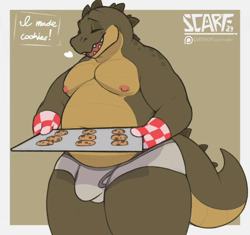 anthro baking_tray bulge clothed clothing cookie crocodile crocodilian crocodylid eyes_closed food green_body green_scales handwear hi_res male moobs mostly_nude nipples oven_mitts overweight overweight_anthro overweight_male reptile scafen_(artist) scales scalie shirtless smile solo tail thick_tail underwear underwear_only