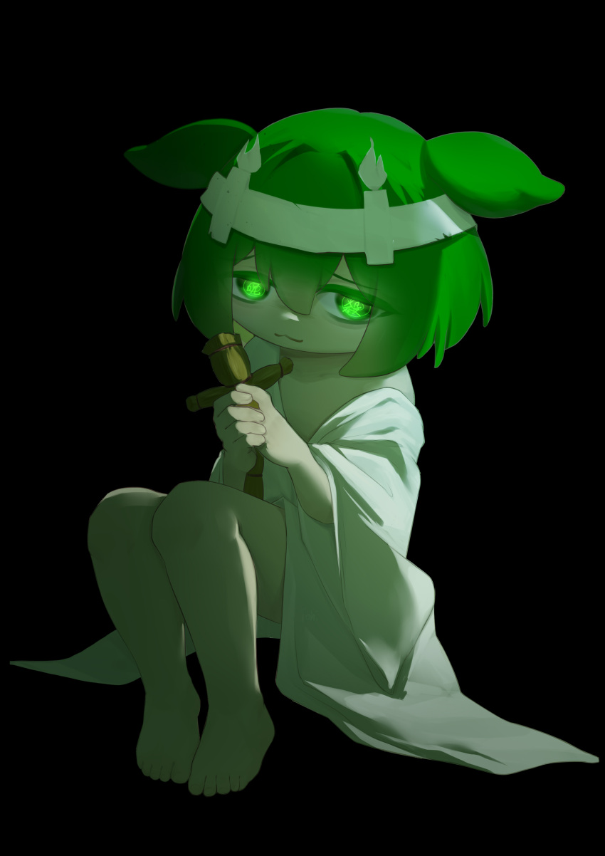 1girl :3 absurdres animal_ears barefoot black_background bottomless candle commentary_request doll double-parted_bangs feitohi full_body furrowed_brow glowing glowing_eyes green_eyes green_hair hair_between_eyes headband highres holding holding_doll japanese_clothes kimono legs_together looking_at_viewer pea_pod shakai_kouken_ganbaru_no_da!!. short_hair simple_background single_off_shoulder sitting solo translation_request voicevox voodoo_doll white_headband white_kimono zundamon