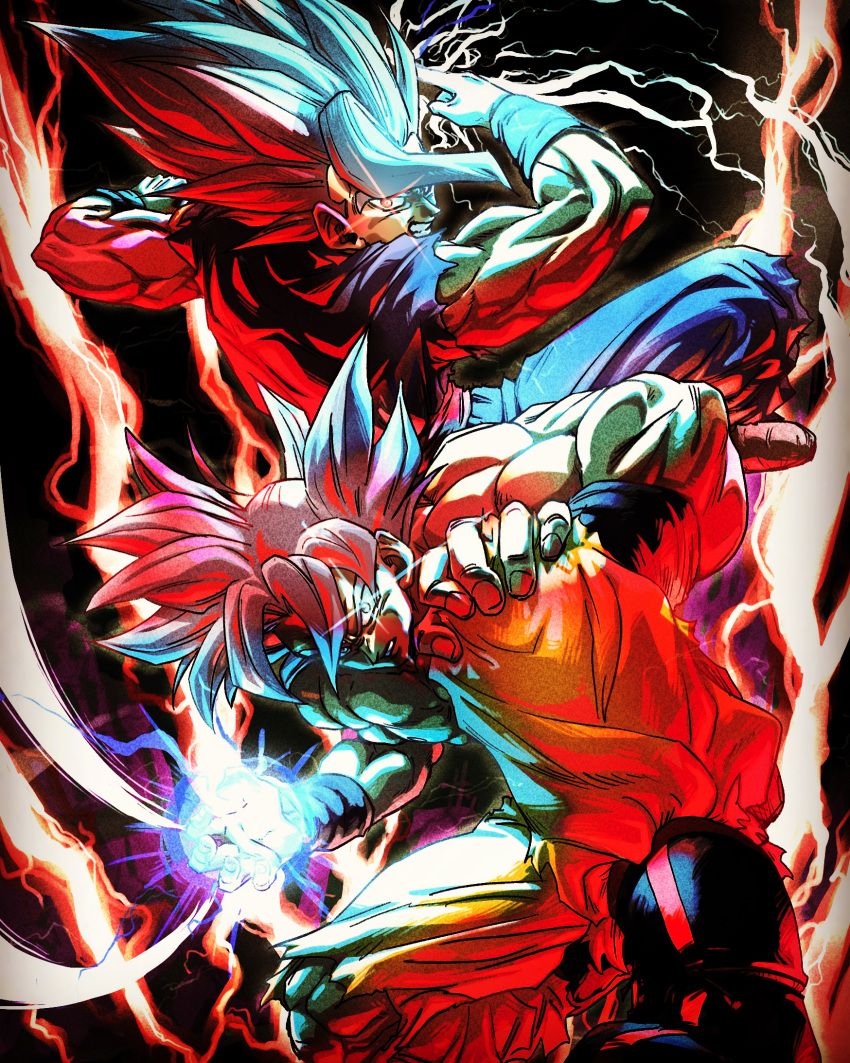 2boys biceps boots clenched_teeth dougi dragon_ball dragon_ball_super electricity energy energy_ball from_below full_body gohan_beast hand_on_own_knee highres incoming_attack looking_at_viewer male_focus multiple_boys muscular muscular_male red_lightning serious son_gohan son_goku spiked_hair squatting stynl_f teeth ultra_instinct white_hair wristband