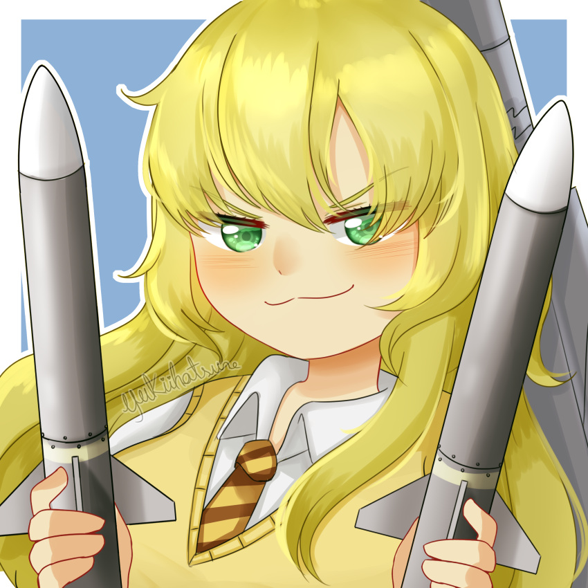 1girl :3 absurdres aircraft airplane artist_name blonde_hair blue_background blush f-35_(flight_highschool) f-35_lightning_ii f-35_lightning_ii_(personification) flight_highschool green_eyes highres holding holding_missile holding_weapon jet long_hair missile necktie outline personification portrait shirt simple_background solo striped_necktie vest weapon white_outline white_shirt yellow_necktie yellow_vest