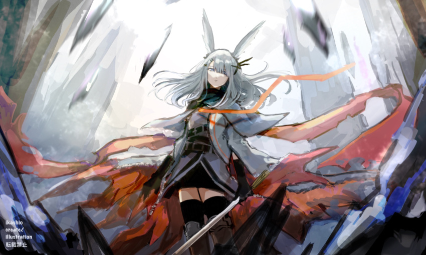 1girl animal_ears arknights artist_name belt black_thighhighs blue_eyes blunt_bangs breasts cape commentary cowboy_shot dress frostnova_(arknights) grey_dress hair_ornament hair_over_one_eye hairclip highres holding holding_sword holding_weapon hood hooded_cape k-yosinori light_frown long_hair long_sleeves medium_breasts mountain multiple_belts outdoors parted_lips rabbit_ears rabbit_girl snow solo sword thighhighs torn_cape torn_clothes weapon