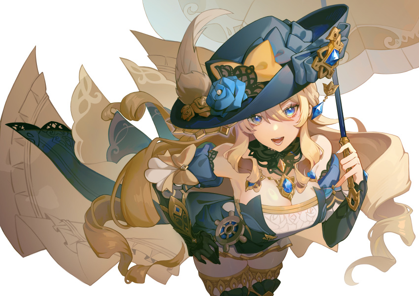 1girl absurdres bare_shoulders black_gloves blonde_hair blue_eyes blue_gemstone blue_headwear breasts cleavage cowboy_shot dress drill_hair drill_sidelocks flower gem genshin_impact gloves hand_on_own_hip hat hat_feather hat_flower highres large_breasts leaning_forward looking_at_viewer navia_(genshin_impact) open_mouth rose showgirl_skirt sidelocks simple_background single_glove solo strapless strapless_dress thighhighs thighs white_background yellow_flower yellow_rose yingxiong_abubu