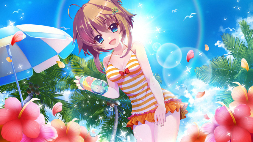 1girl ahoge bird blue_eyes blue_sky blue_umbrella bottle bow breasts brown_hair cleavage cloud coconut coconut_tree collarbone day dripping film_grain flower frilled_one-piece_swimsuit frills from_below game_cg hair_ornament hairclip hand_on_own_leg hand_on_own_thigh hibiscus hibiscus_petals holding holding_bottle izumi_tsubasu lens_flare looking_at_viewer medium_breasts multicolored_clothes multicolored_swimsuit multicolored_umbrella non-web_source official_art one-piece_swimsuit open_mouth orange_one-piece_swimsuit orange_skirt orange_stripes outdoors palm_tree petals pink_flower plastic_bottle polka_dot polka_dot_bow rainbow re:stage! red_bow seagull shikimiya_mana short_hair skirt sky smile sparkle striped striped_one-piece_swimsuit sun swimsuit tree umbrella white_one-piece_swimsuit white_polka_dots white_stripes white_umbrella