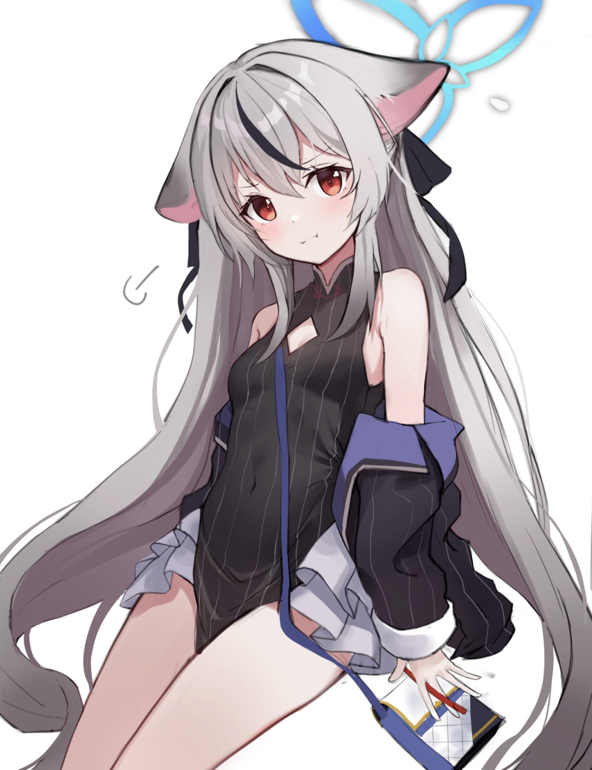 1girl :i =3 animal_ears bag bare_shoulders baseatoz blue_archive breasts brown_eyes covered_navel grey_hair hair_ribbon halo highres jacket kokona_(blue_archive) long_hair multicolored_hair off_shoulder ribbon shoulder_bag small_breasts solo streaked_hair very_long_hair